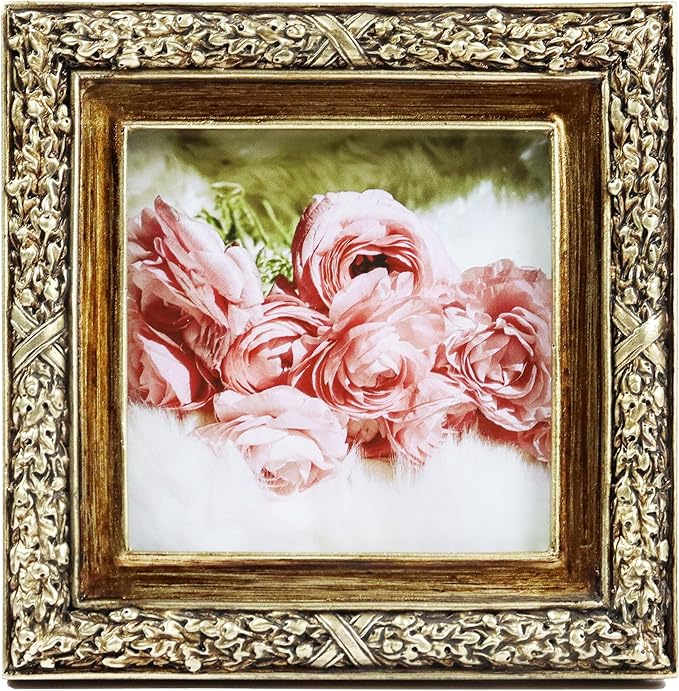 Hymmah 3 * 3inch Mini Wallet Picture Frame Vintage Photo Frame Ornate Textured Hand-Crafted Resin Frame with Easel&Hook for Tabletop&Wall Display,Photo Gallery,Art