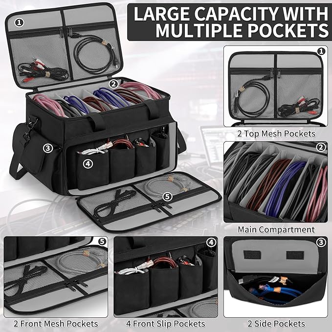 Cable File Bag With Adjustable Dividers Dj Gig Bag for Cables, Cords,DJ Gear,Sound Instrument and Accessories 16L x 11W x 12H inch, Grey