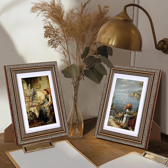 eletecpro 8x10 Picture Frames Set of 4, Vintage Frame with Glass Cover, Photo Frames 8 x 10 Display 5x7 Photo with Mat or 8x10 without Mat for Tabletop or Wall Decor, Bronze