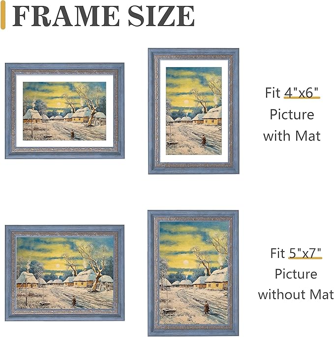 VIOLABBEY 5x7 Picture Frame Blue Gold, Display 4x6 Photo with Mat or 5x7 without Mat, Ornate Vintage 5 x 7 Frame for Wall Decor or Tabletop Display, Blue Gold