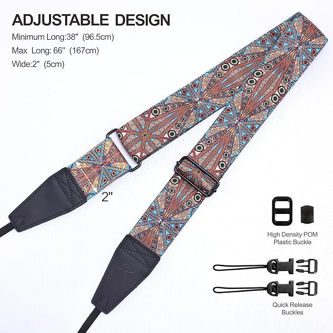 Padwa Lifestyle Adjustable Camera Strap - 2" Top Layer Cowhide Head Camera Straps for Photographers,Soft Cotton Crossbody Strap with Quick Release fits All Cameras - Bohemia