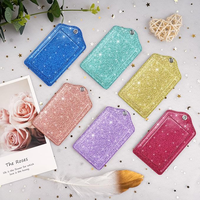 (Set of 2) Luggage Tag Leather Privacy Cover ID Label Address Card with Stainless Steel Loop, Travel Bag Tags Suitcase Labels, Glitter Gold