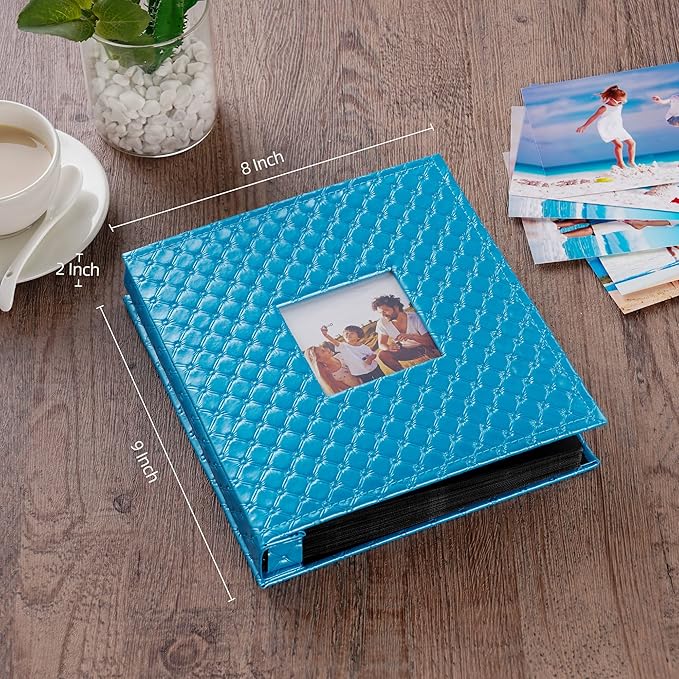 Mublalbum Small Photo Album 4x6 200 Photos Leather Cover Picture Book with Horizontal Pockets for Baby Wedding Anniversary and Family (Blue)