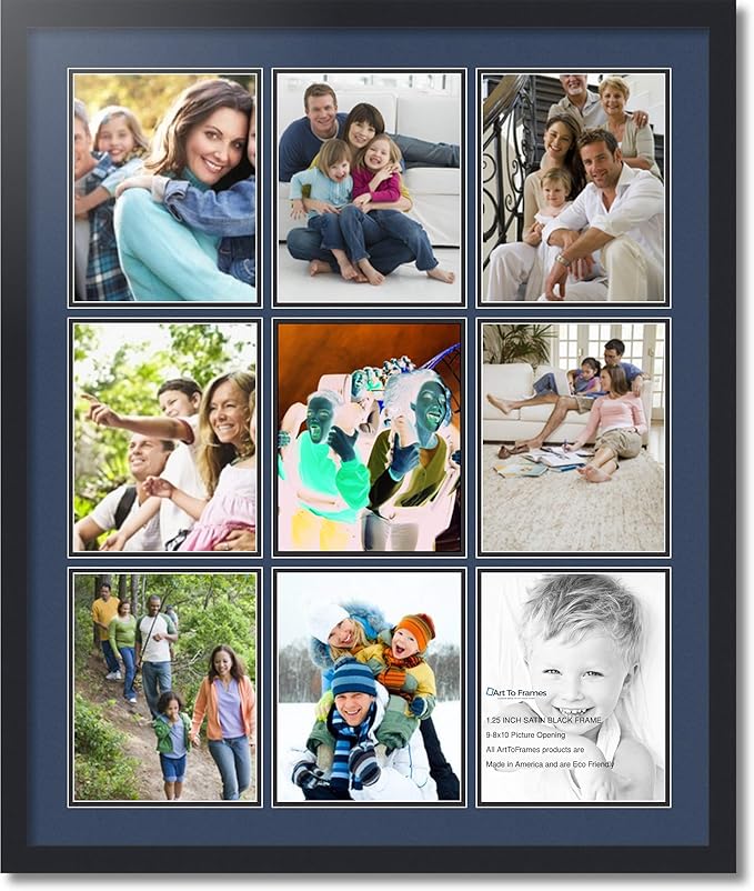 ArtToFrames Collage Photo Frame Double Mat with 9-8x10 Openings with Satin Black Frame and Midnight Blue mat.