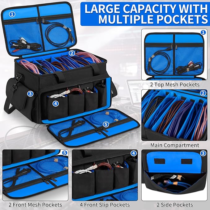 Cable File Bag With Adjustable Dividers Dj Gig Bag for Cables, Cords,DJ Gear,Sound Instrument and Accessories 16L x 11W x 12H inch, Blue