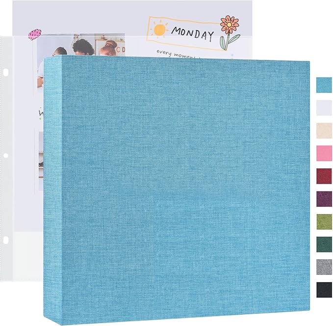 Mublalbum 12x12 Inch Large 3 Ring DIY Scrapbook Photo Album with 20 Plastic Sleeves 40 Pages Linen Cover Folder Binder for Baby Travel Wedding Anniversary and DIY Projects (Blue)