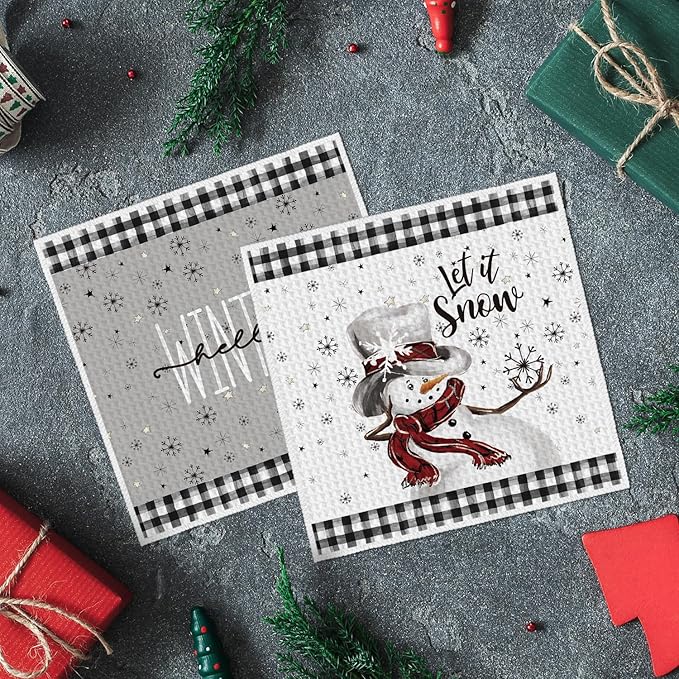 Artoid Mode Black Xmas Tree Snowman Merry Christmas Kitchen Dish Cloths, 12x12 Inch Quick Dry Microfiber Dishcloths for Kitchen Dish Rags Set of 4