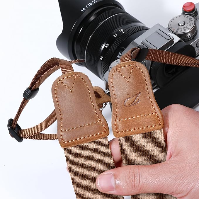 Padwa Lifestyle Brown Camera Strap - Double Layer Crazy Horse Cowhide End,1.5" Wide Pure Cotton Woven Camera Straps,Adjustable Neck Shoulder Strap for All DSLR Cameras,Gift for Photographers