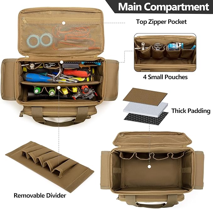 Small Tool Bag with Anti-friction and Thick Padded Bottom, Tool Storage Organizer for Men, Tactical Bag, Range Bag, Multi-functional Work Tote for Repairman, Electrician, Carpenters (Khaki)
