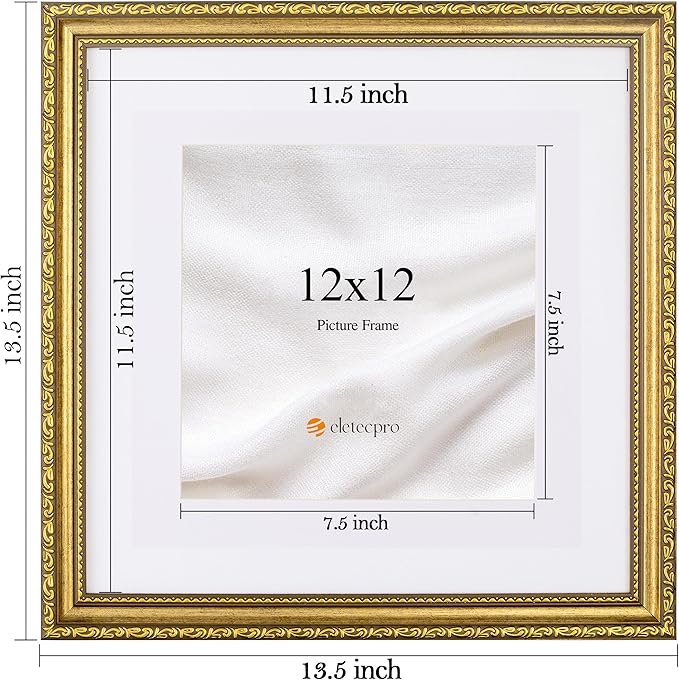 eletecpro 12x12 Picture Frames Set of 4, Vintage Photo Frame with Glass Cover, Gold Frames 12 by 12 Display 8x8 Photo with Mat or 12x12 without Mat for Home Wall Decor, Gold