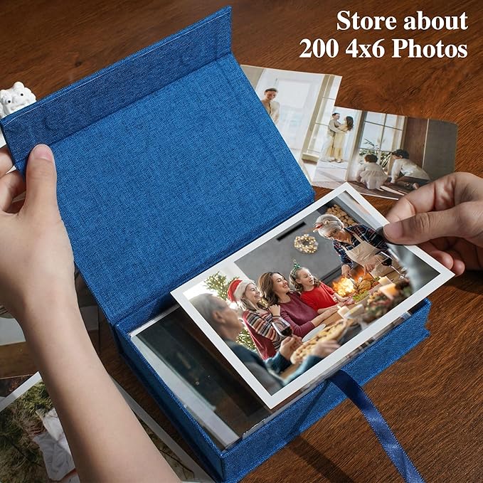 Hiwhy Photo Storage Box 4x6, Linen Photo Box, Memory Box Perfect to Store Your Photo, Pictures, Certificates, Scrapbooking Supplies, Keepsakes and Jewelry Navy Blue