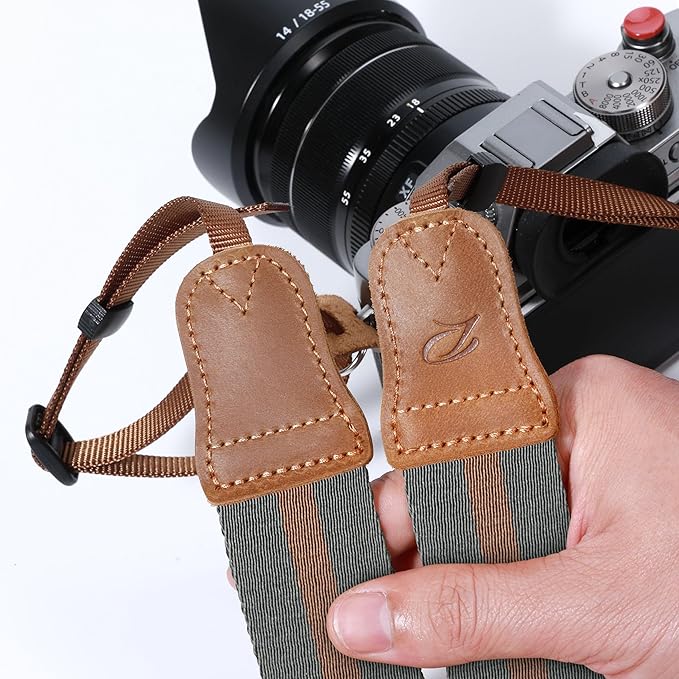 Padwa Lifestyle Green Brown Stripes Camera Strap - Double Layer Crazy Horse Cowhide End,1.5" Wide Pure Cotton Camera Straps,Adjustable Neck Shoulder Strap for All DSLR Cameras,Gift for Photographers