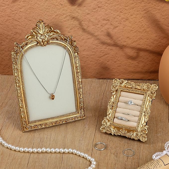 2 Pcs Vintage Jewelry Tray Set, Vintage Necklace Organizer with Velvet Backing and Ring Holder, Gold Ring Display Stand Frame, for Selling, Baroque Trinket Storage Dish Gifts for Women Wedding