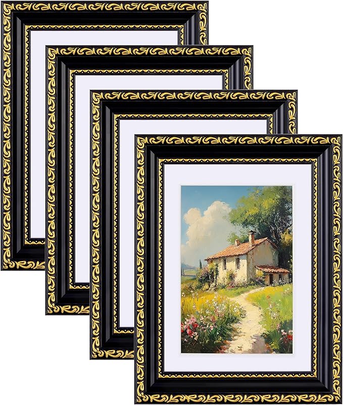 eletecpro 5x7 Picture Frames Set of 4, Gothic Frames with Glass Cover, 5 x 7 Vintage Photo Frame Displays 4x6 Photo with Mat or 5x7 without Mat for Tabletop or Wall Decor, Black Gold