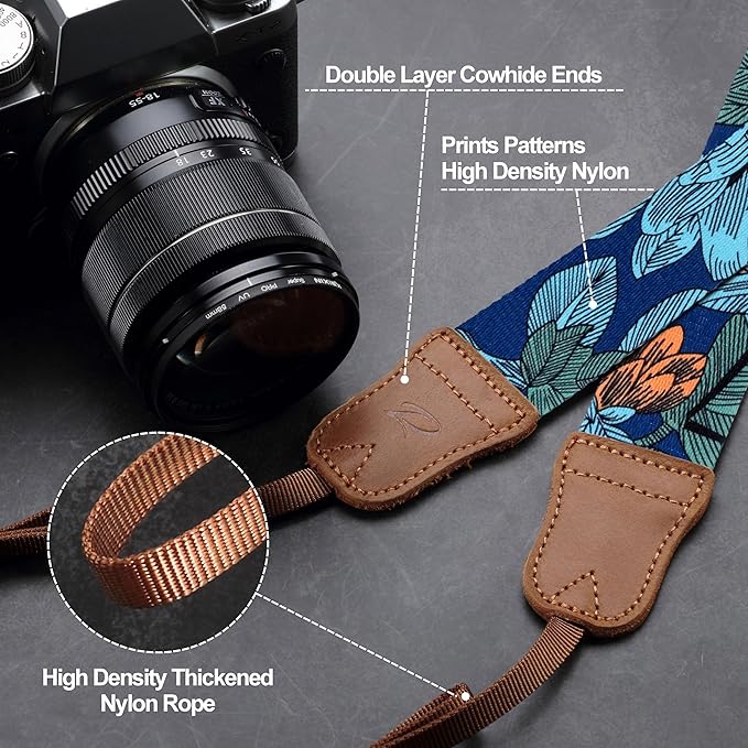 Padwa Lifestyle Camera Strap - 1.5" Soft Nylon Print Crazy Horse Cowhide Head Camera Straps for Photographers and All Cameras,Cute Adjustable Vintage Woven Strap for Adults & Kids(Flower Heart Blue)