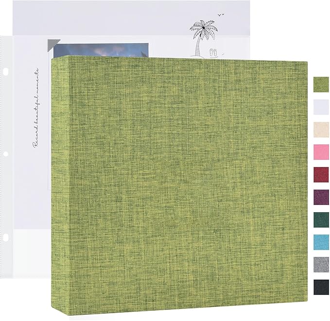 Mublalbum 8x8 Inch Small 3 Ring DIY Scrapbook Photo Album with 20 Plastic Sleeves 40 Pages Linen Cover Folder Binder for Baby Travel Wedding Anniversary and DIY Projects (Green)