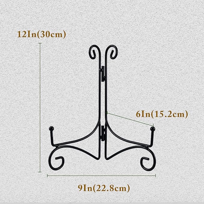 SVENJBB Black Iron Plate Stand, 12 Inch Plate Holder for Display, Small Metal Plate Display Stands for Cookbook, Picture Frame, Photo, Decorative Plates (12 Inch, 2 Pack)