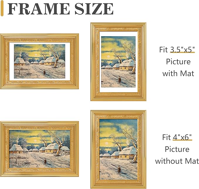 VIOLABBEY 4x6 Gold Picture Frame, Display 3.5x5 Photo with Mat or 4x6 without Mat, Ornate Vintage 4 x 6 Gold Frame for Wall Decor or Tabletop Display