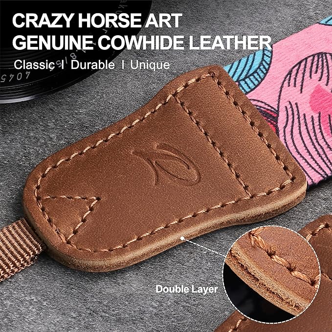 Padwa Lifestyle Camera Strap - 1.5" Soft Nylon Print Crazy Horse Cowhide Head Camera Straps for Photographers and All Cameras,Cute Adjustable Vintage Woven Strap for Adults & Kids(Flower Heart Pink)