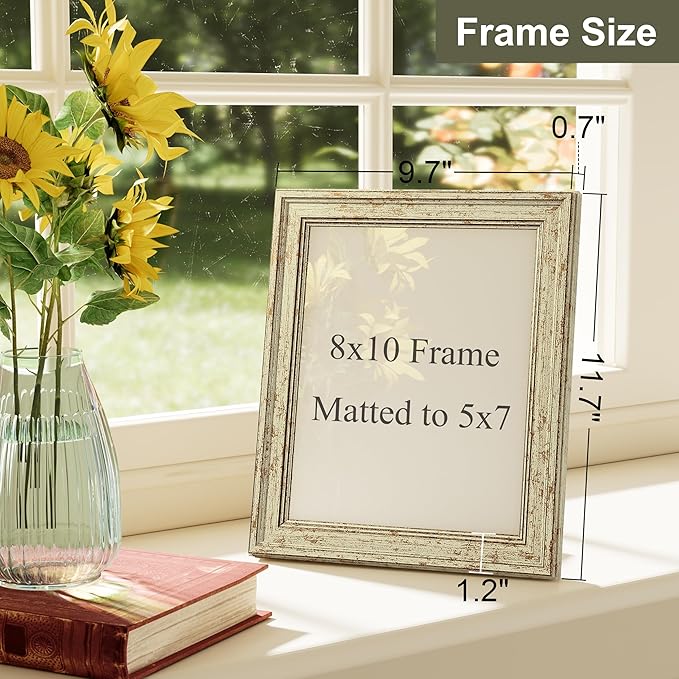 Vittanly 8x10 Picture Frame Set of 4, Vintage Photo Frame for Wall or Tabletop, Display 5x7 Pictures with Mat or 8x10 without Mat, Rustic Farmhouse Home Decor, Green Gold