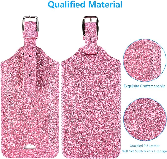 ACdream Luggage Tags 2 Pack, Leather Suitcase Tags Identifiers, Cute Cruise ID Labels with Privacy Cover fits on Backpack, Travel Bag, for Women, Men, Adults, Kids, Glitter Pink