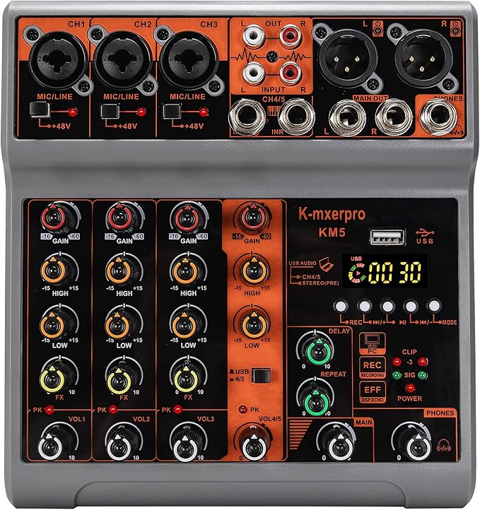 5 Channel Professional Audio Mixer Console Sound Board with 48V Phantom Power,USB Audio Interface for Live Show,Streaming Recording Music Stage Karaoke