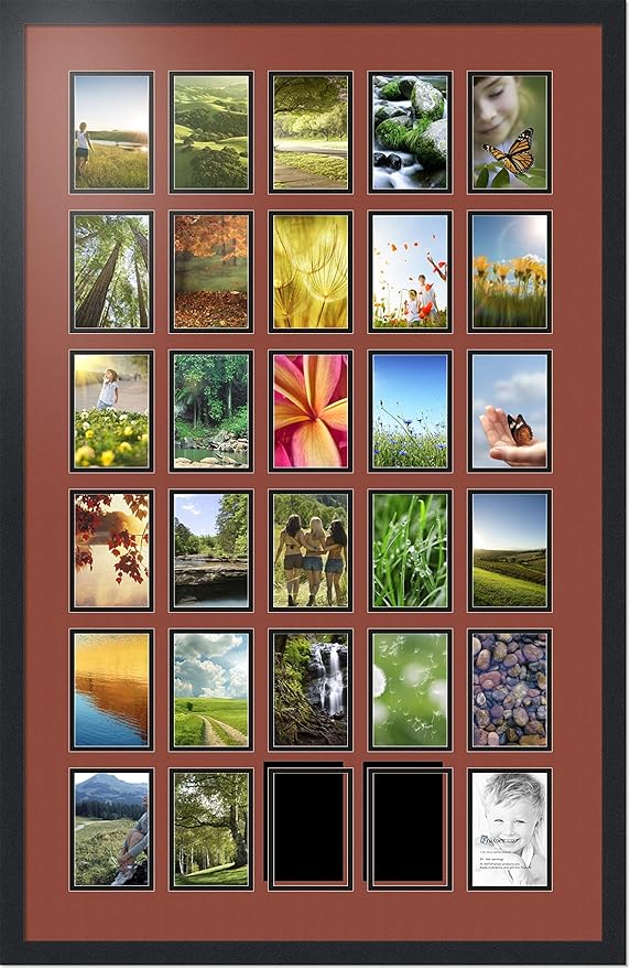 ArtToFrames Collage Photo Frame Double Mat with 30-4x6 Openings with Satin Black Frame and Cognac mat.