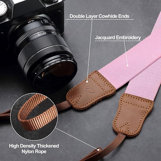 Padwa Lifestyle Pink Camera Straps - Double Layer Crazy Horse Cowhide Head,1.5" Wide Pure Cotton Woven Camera Straps,Adjustable Shoulder & Neck Strap for DSLR Cameras,Great Gift for Photographers