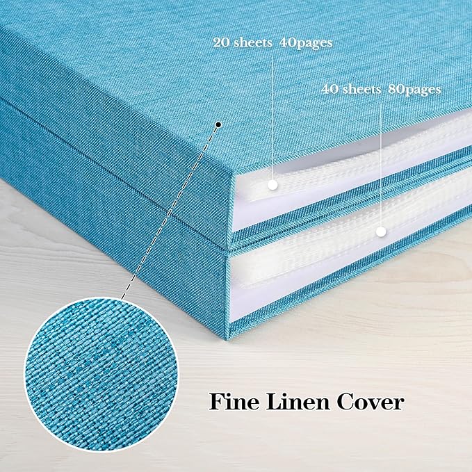 Mublalbum 12x12 Inch Large 3 Ring DIY Scrapbook Photo Album with 40 Plastic Sleeves 80 Pages Linen Cover Folder Binder for Baby Travel Wedding Couple Anniversary and DIY Projects (Blue)