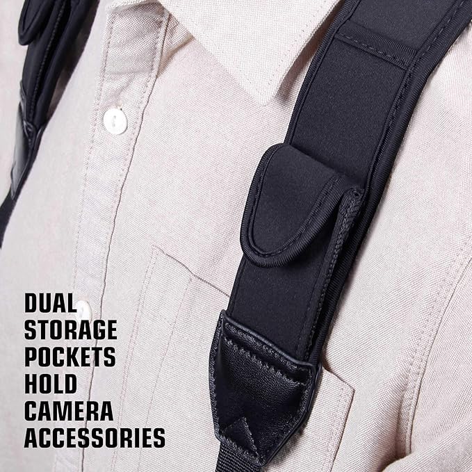 USA Gear DSLR Camera Strap Chest Harness with Quick Release Buckles, Black Neoprene Pattern and Accessory Pockets - Compatible with Canon, Nikon, Sony and More Point and Shoot and Mirrorless Cameras