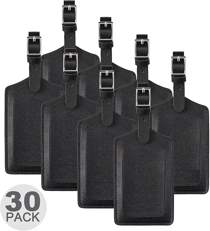 Travelambo 30 Pack Luggage Tags Faux Leather for Suitcases Travel Bag Labels with Protection Cover ID (Black)