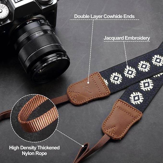 Padwa Lifestyle Camera Strap - 1.5" Crazy Horse Cowhide Head Cotton Strap,Vintage Embroidery Camera Straps for Photographers and All Cameras,Cute Adjustable Shoulder Neck Strap for Adults & Kids