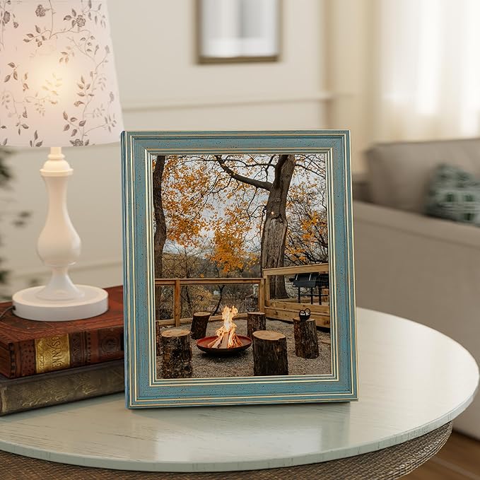 Vittanly 8.5x11 Picture Frame Set of 4, Vintage Photo Frame for Wall Mount, Display 6x8 Pictures with Mat or 8.5x11 without Mat, Rustic Farmhouse Home Decor, Blue