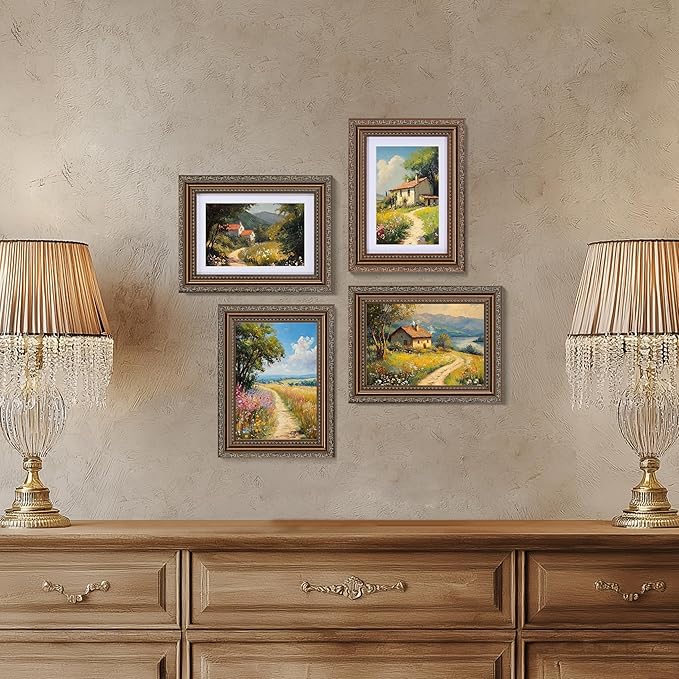 eletecpro 5x7 Picture Frames Set of 4, Vintage Frames with Glass Cover, 5 x 7 Photo Frame Displays 4x6 Photo with Mat or 5x7 without Mat for Tabletop or Wall Decor, Bronze