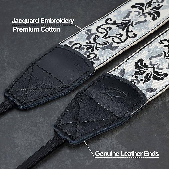 Padwa Lifestyle Camera Strap - 2" Wide Vintage Jacquard Embroidery Grey Flower Camera Straps with Genuine Leather Head,Adjustable Neck Shoulder Strap for All Cameras and Men & Women Photographers