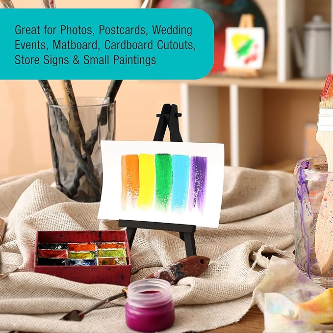 U.S. Art Supply 8" High Small Black Wooden Easel (6 Pack), A-Frame Canvas Stand Tripod, Small Painting Easels - Tabletop Easel for Painting, Canvases, Student Crafts, Event Signs Photos