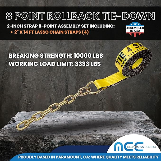 Mega Cargo Control Yellow Roll Back Tie Down System Chain Ends 8 Point Tie Down Kit for Car Hauler Carrier Tow Truck