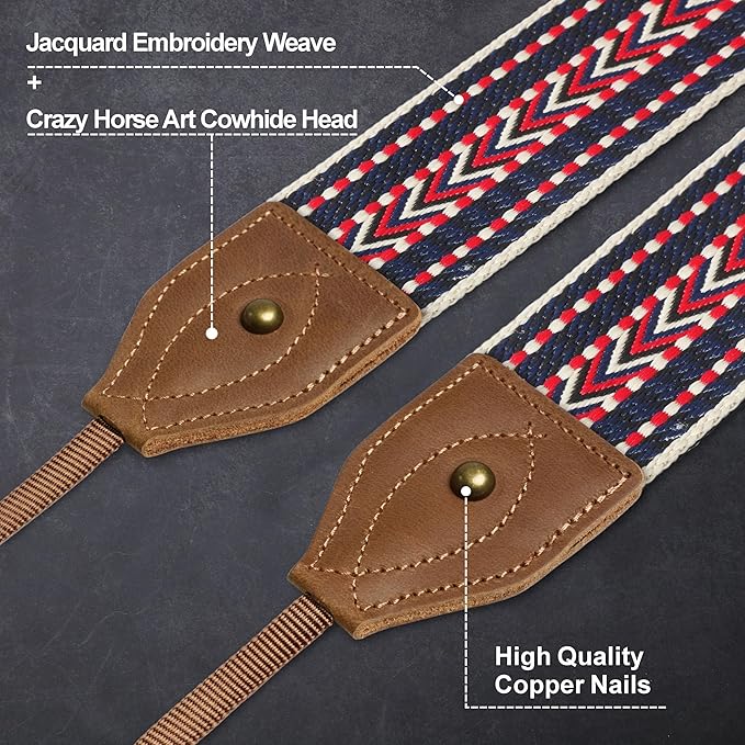 Padwa Lifestyle 2" Wide Classic Crazy Horse Art Cowhide Head Camera Strap - Jacquard Embroidery Floral Vintage Camera Straps for Photographers Gift, Adjustable Shoulder Neck Strap Fits DSLR Cameras