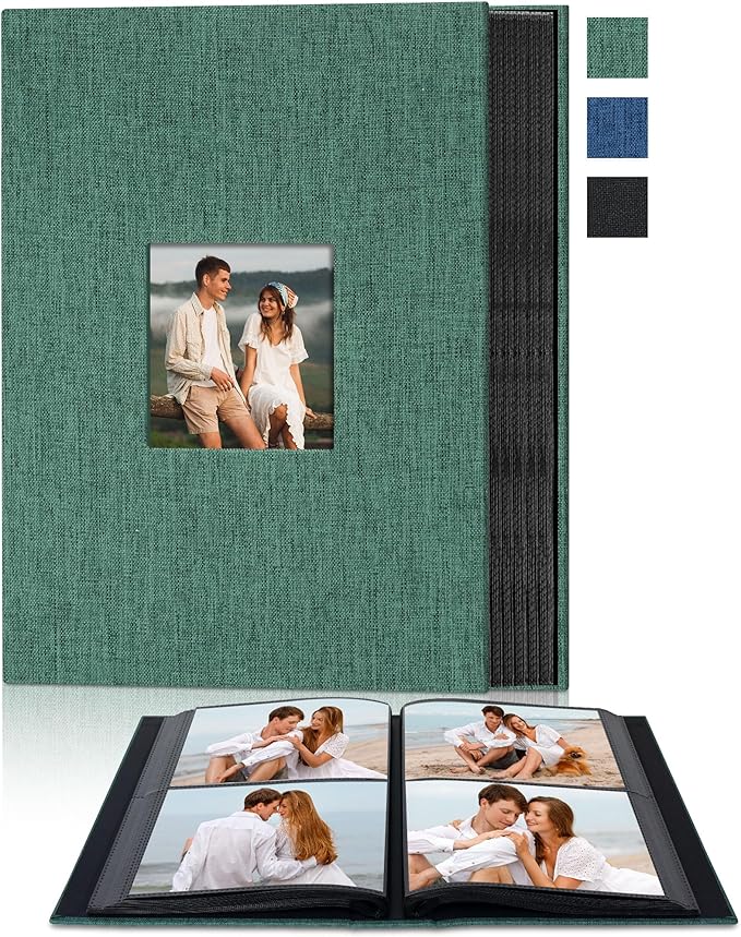 Remowith Cloth Cover Photo Album 4x6 with DIY Square Window Slip in Photo Book for Travel, Wedding, Anniversary 200 Pockets Dark Green
