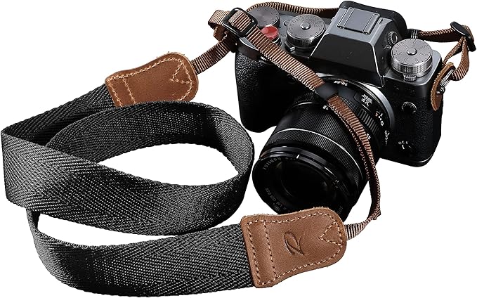 Padwa Lifestyle Black Camera Strap - Double Layer Crazy Horse Cowhide Head,1.5" Wide Pure Cotton Woven Camera Straps,Adjustable Neck Shoulder Strap for All DSLR Cameras,Great Gift for Photographers