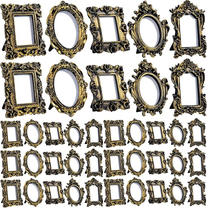 Maitys 40 Pcs Mini Picture Vintage Frames with Stands Tiny Antique Photo Baroque Ornate Resin Oval Frame Table Top Display Home Wedding Decor (Black Gold)