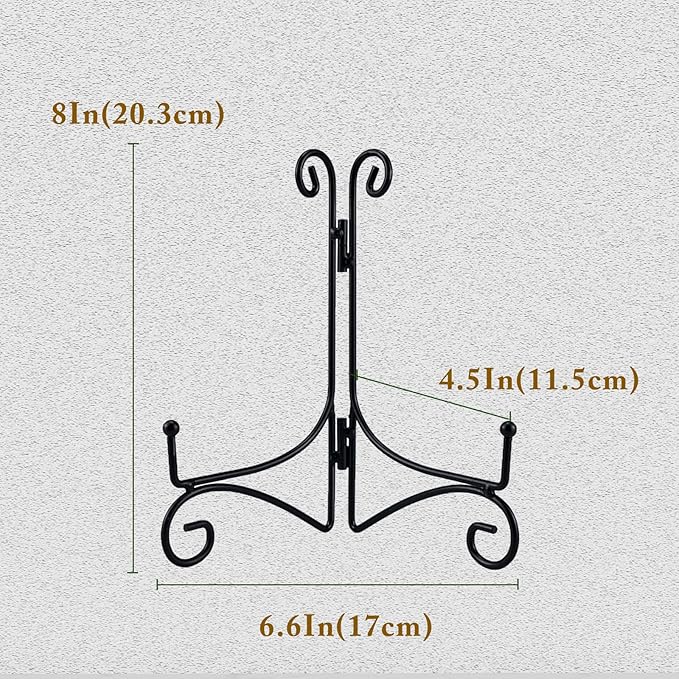 SVENJBB Black Iron Plate Stand, 8 Inch Plate Holder for Display, Small Metal Plate Display Stands for Cookbook, Picture Frame, Photo, Decorative Plates (8 Inch, 2 Pack)