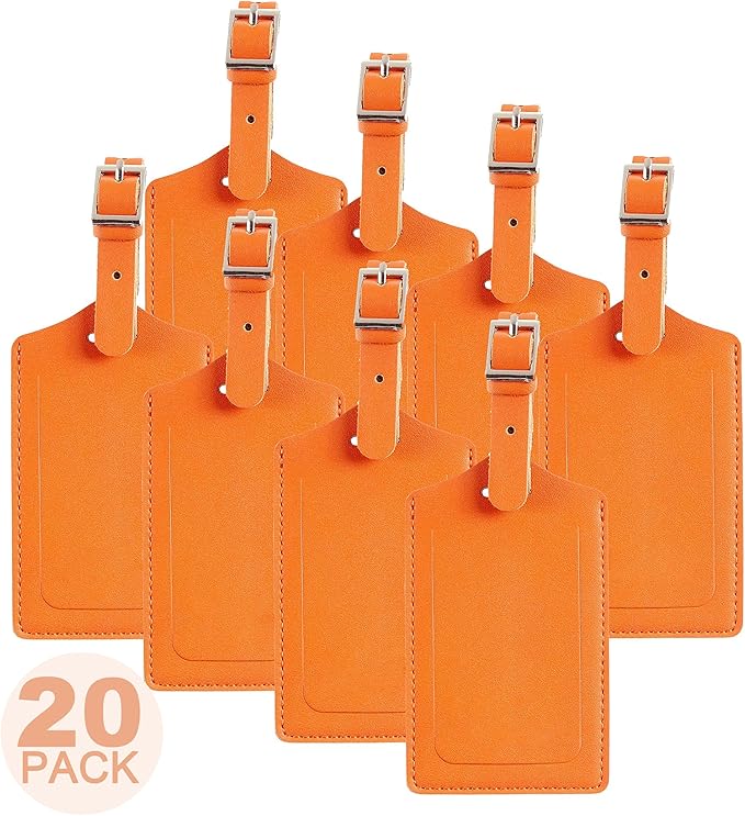 Travelambo 20 Pack Luggage Tags Faux Leather for Suitcases Travel Bag Labels with Protection Cover ID (Orange)