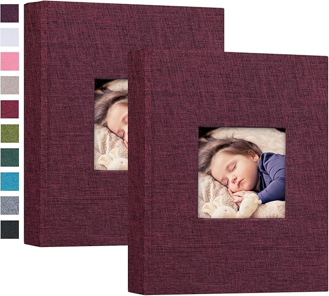 Mublalbum 2 Pack Small 5x7 Photo Album Linen Cover with Display Window Mini Picture Book Each Holds 52 Vertical Pockets for Artwork Postcards or Pictures Storage (Purple)