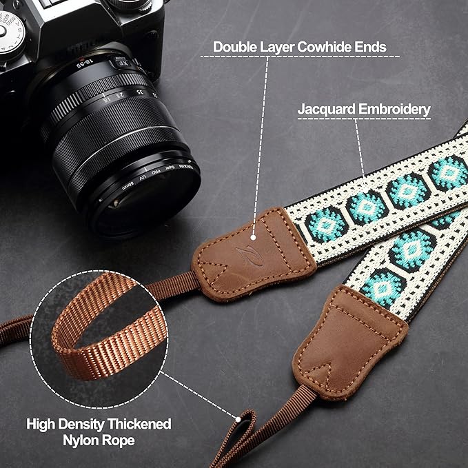 Padwa Lifestyle Camera Strap - 1.5" Crazy Horse Cowhide Head Cotton Strap,Vintage Embroidery Camera Straps for Photographers,Cameras,Binoculars,Cute Adjustable Shoulder Neck Strap for Adults & Kids