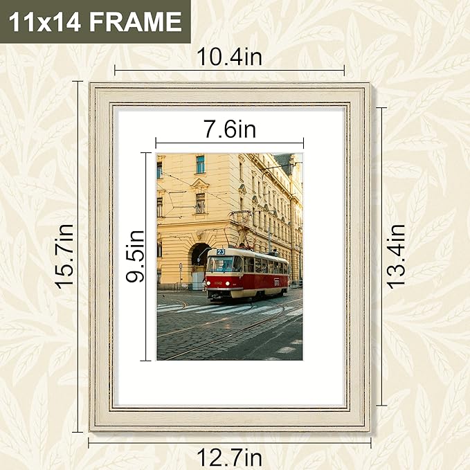Vittanly 11x14 Picture Frame Set of 4, Vintage Photo Frame for Wall Mount, Display 8x10 Pictures with Mat or 11x14 without Mat, Rustic Farmhouse Home Decor, Rustic White