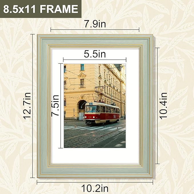 Vittanly 8.5x11 Picture Frame Set of 4, Vintage Photo Frame for Wall Mount, Display 6x8 Pictures with Mat or 8.5x11 without Mat, Rustic Farmhouse Home Decor, Light Green