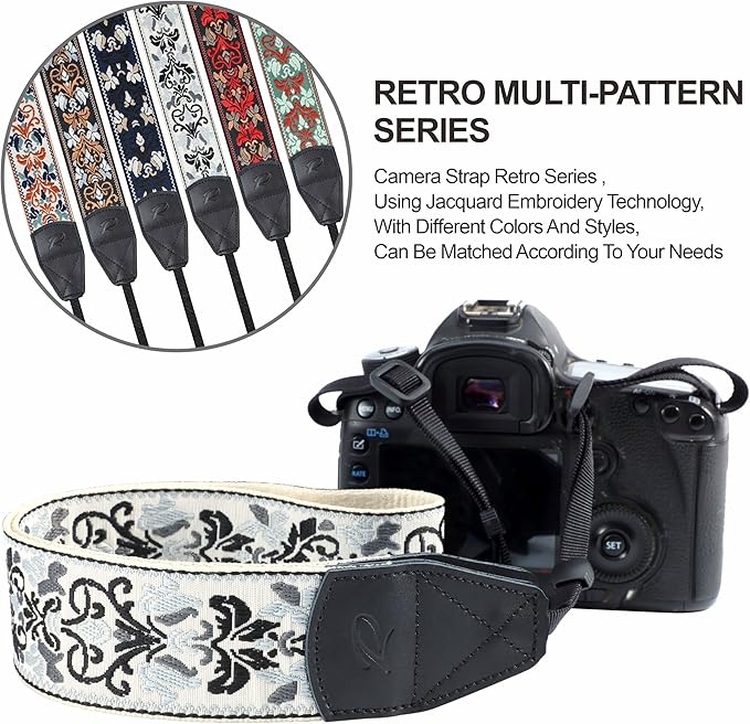 Padwa Lifestyle Camera Strap - 2" Wide Vintage Jacquard Embroidery Grey Flower Camera Straps with Genuine Leather Head,Adjustable Neck Shoulder Strap for All Cameras and Men & Women Photographers
