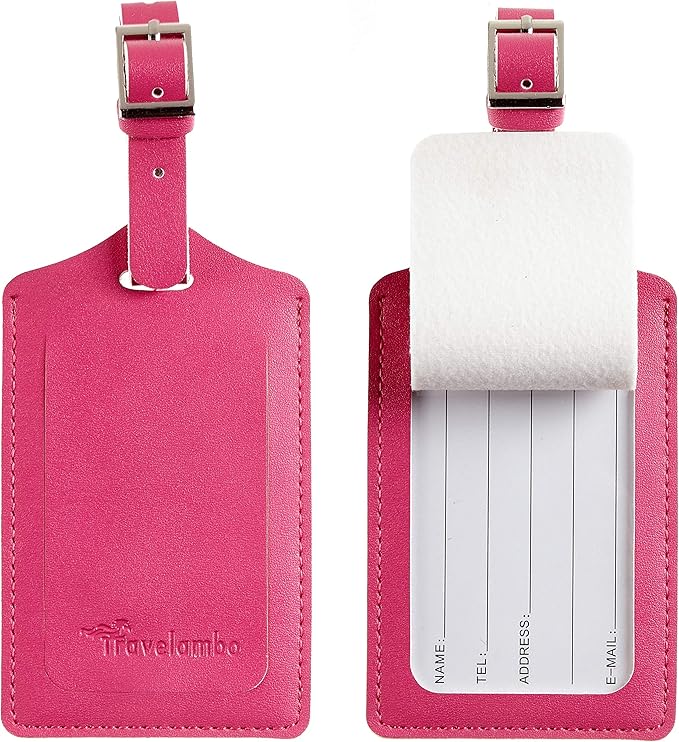 Travelambo 8 Pack Luggage Tags Faux Leather for Suitcases Travel Bag Labels Travel Accessories Essential with Protection Cover ID (Rose Red)