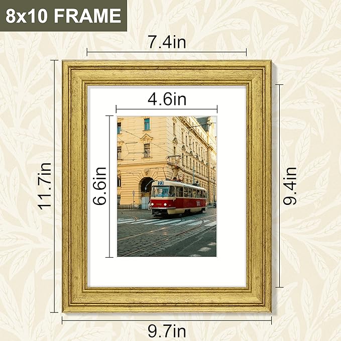 Vittanly 8x10 Picture Frame Set of 4, Vintage Photo Frame for Wall or Tabletop, Display 5x7 Pictures with Mat or 8x10 without Mat, Rustic Farmhouse Home Decor, Gold